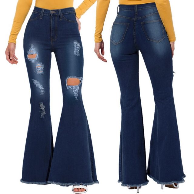 Women Bell Bottom Jeans Pants High Waist Stretchy Knee Ripped Denim Trousers NGD88