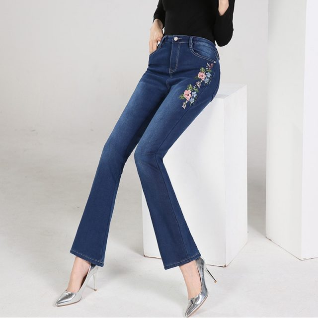 FERZIGE 2019 New Winter Warm Jeans Woman High Waist  Embroidery Trousers Female Elastic Skinny Jeans Flare Pants Blue Plus Size