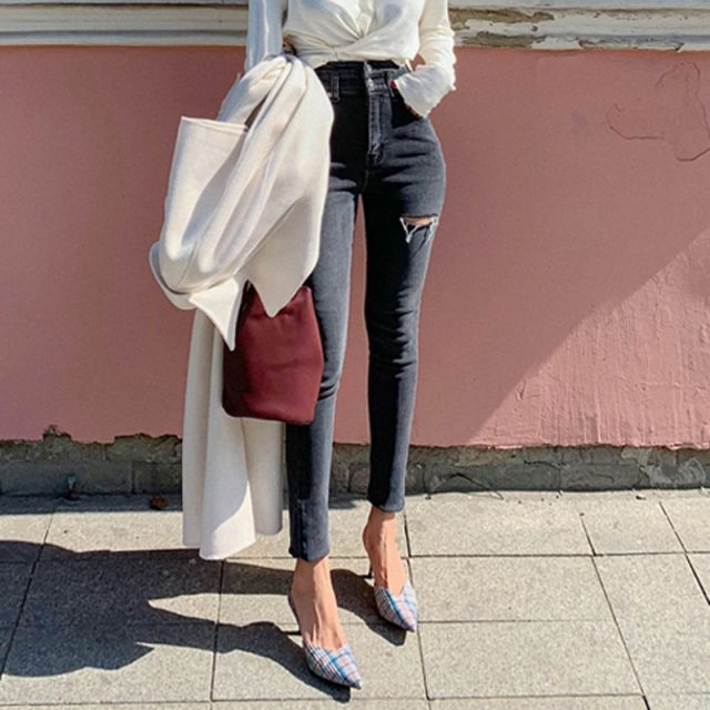 BGTEEVER High Waist Skinny Jeans Women Streetwear Ripped Holes Pencil Jeans Female Denim Jeans Stretch Denim Pants femme 2019