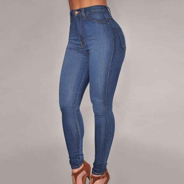 2018 Autumn Slim Elasticity Skinny Jeans Women Europe High Waist Push Up Pencil Pants Mujer Casual Deep Blue Vintage Plaid Denim