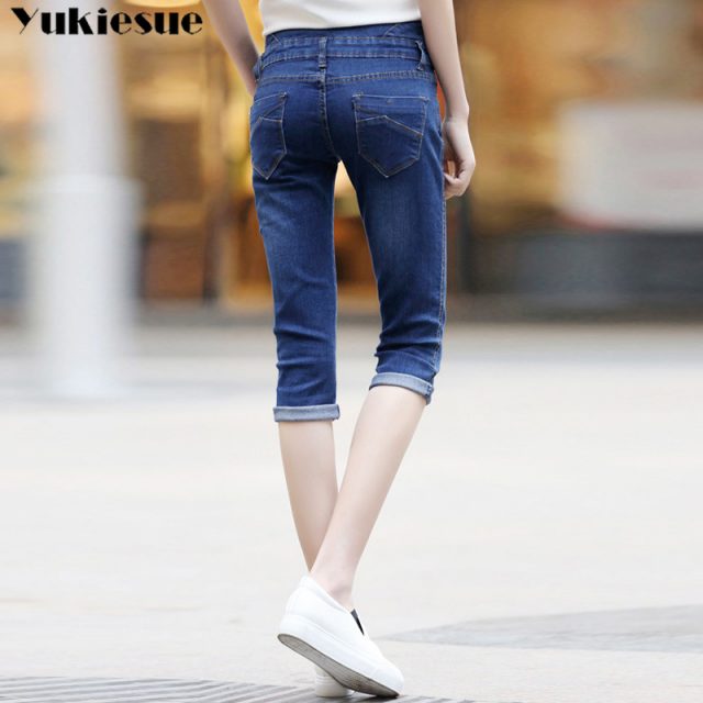 Plus Size Skinny Capris Jeans Woman Female Stretch Knee Length Denim Shorts Jeans Pants Women With High Waist elastic Summer