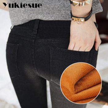 High waist jeans for women trousers 2018 winter warm fleece skinny denim jeans femme female Women's pencil pants Plus size