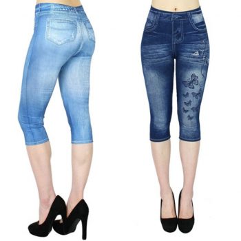 Women’s Jean-like Hollow-out Printed High-waist Elastic Seven-cent Pants