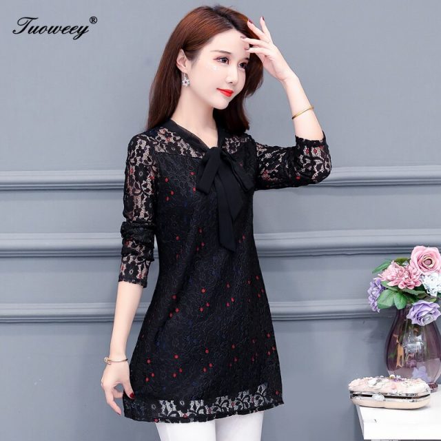Women clothing floral red dot Autumn 4XL lace Shirt Tops see through basic female Elegant long-sleeve Lace Blouses shirts