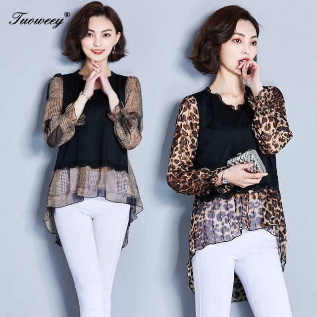 2019 New Arrival Fashion autumn long sleeveleopard long Shirt Female Casual loose Color Plus Size elegant irregular Blouse