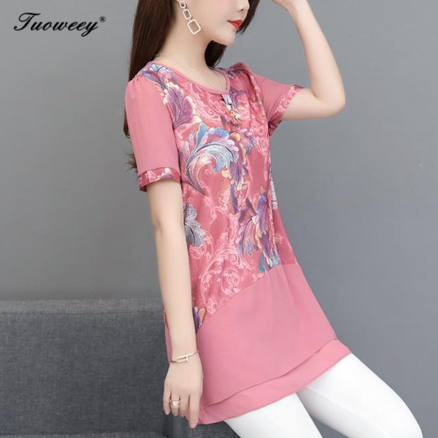 2019 short Sleeve Women’s Shirts O Neck Floral Printed Casual blusas Long Tops Flower Fitness Women Top summer Plus Size 5XL