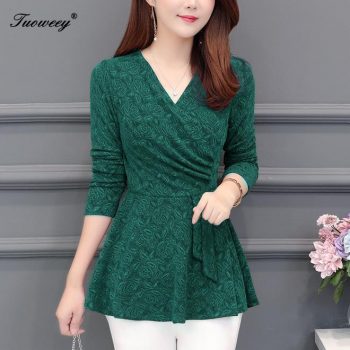 2019 spring long sleeve sexy V collar women green blouse shirt clothes blusas 5XL plus size women tops Fashion woman blouses