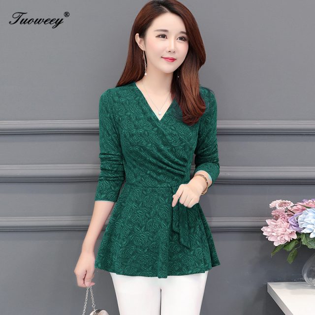 2019 spring long sleeve sexy V collar women green blouse shirt clothes blusas 5XL plus size women tops Fashion woman blouses