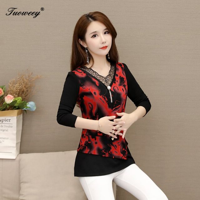 2019 Autumn style patchwork floral Women Blouse Shirt Older lace long sleeve Autumn female Women tops camisas mujer elegant
