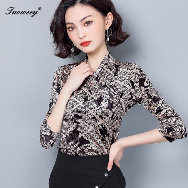 2020 spring Women Blouse Ladies Printing career Long Sleeve V-Neck Sexy Tops Blouses Female Fashion Shirts tee Top Clothing