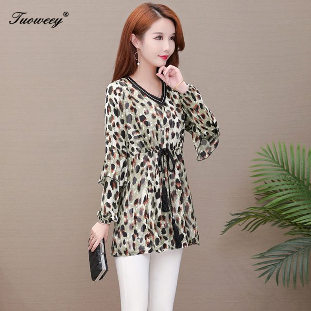 5XL plus size leopard spring style Shirt 2020 New Sweet work wear Vintage blouses Soft loose elegant long Sleeve Shirt Top