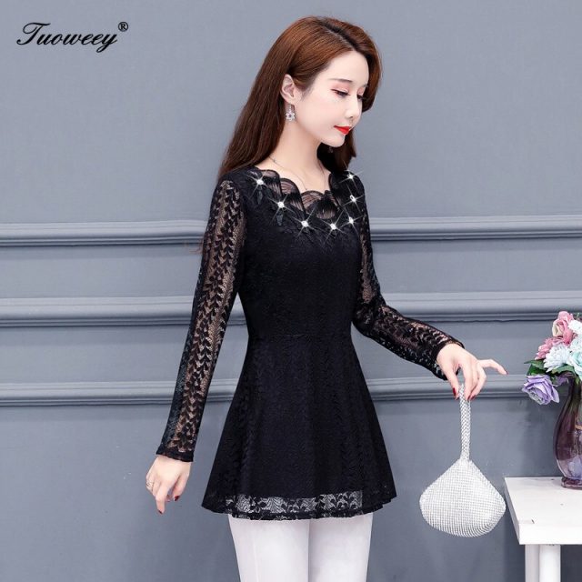 Women clothing solid hollow out Autumn lace Shirt Tops see through basic female Elegant long-sleeve Lace Blouses shirts