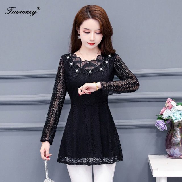 Women clothing solid hollow out Autumn lace Shirt Tops see through basic female Elegant long-sleeve Lace Blouses shirts