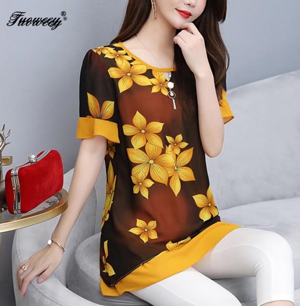 5XL Autumn Chiffon Blouse Shirts Casual floral Loose elegant O neck short Sleeve Floral Print Tops blusas blouse 2019 women