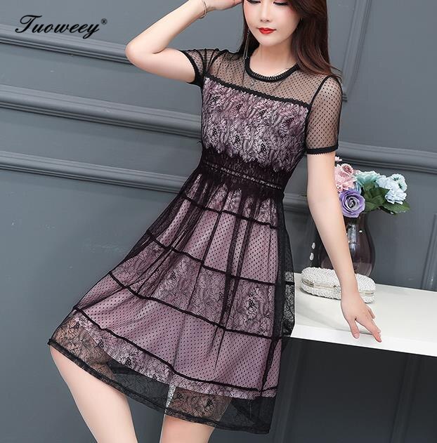 2019 Plus size 4XL New Women lace patchwork short Sleeve A-line knee length Dress summer O-neck Female Casual hollow out Dresses