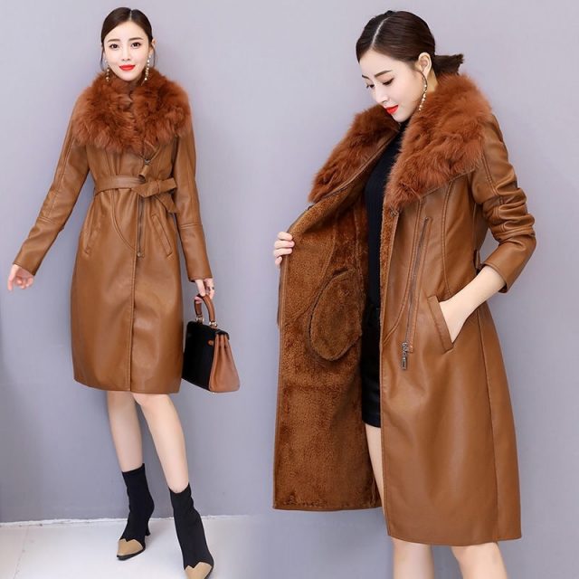 Vangull Women’s Leather Jacket for Winter 2019 New Plus Velvet Warm Slim Big Fur Collar Long Leather Coat Female Outerwear M-4XL