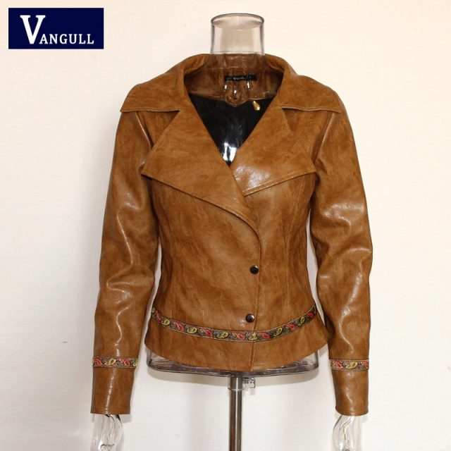 Vangull Casual Embroidery faux leather coat 2019 New Girl Motorcycle leather jacket women Fashion cool outerwear Street jackets