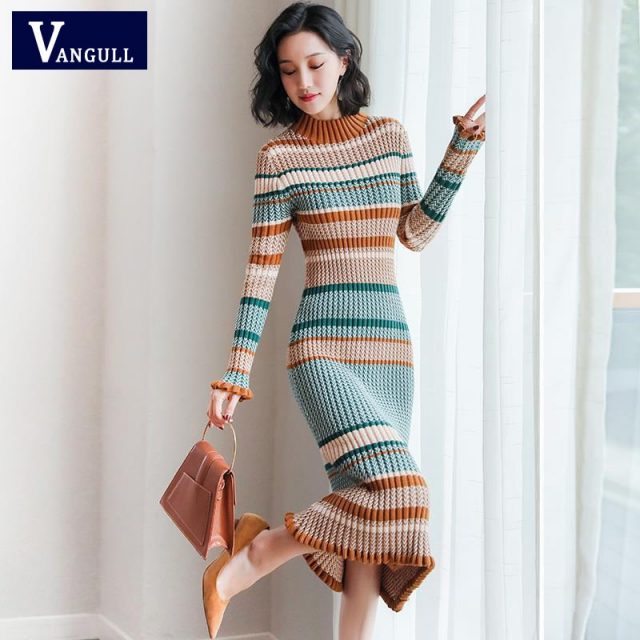 Vangull Women Sweater Dress Long Sleeve Turtleneck Elegant Knitted Dress 2019 Autumn Winter Casual Lady Bodycon Cotton Dress