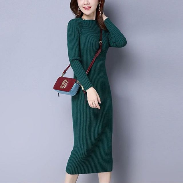 Vangull Sexy Women Knitted Dress O-neck Long Sleeve Solid Elastic Dress 2019 Autumn Winter New Style Fashion Straight Long Dress