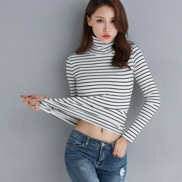 Autumn And Winter High collar stripe shirt Female Long sleeve loose Korean version Top cotton Wild Slim fit pullover LYF01