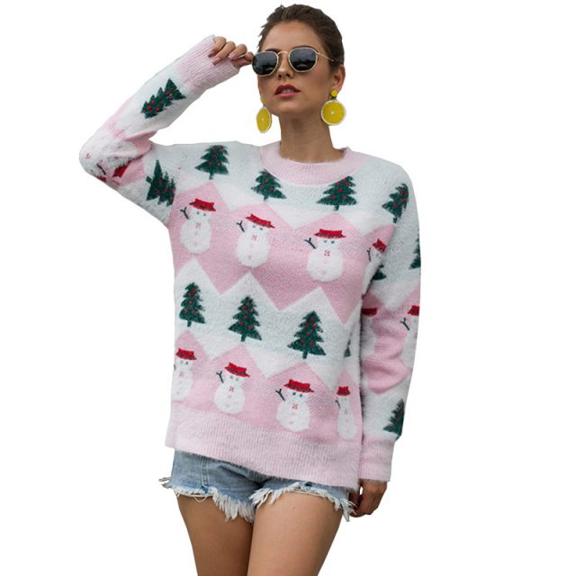 Autumn Winter Velvet Sweaters Women O Neck Long Sleeve Casual Pullovers Female Fashion Snowman Ladies Knitted Jumpers BMY005