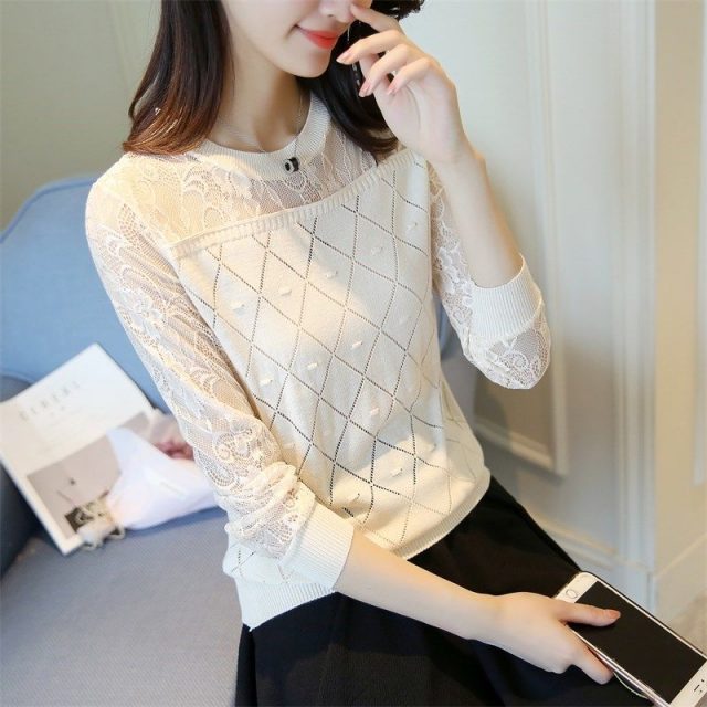 Women Autumn Pullovers Sweaters Fashion Knitted 2019 New Knitting Long Sleeve Pull Ladies Jumper Female Lace Hollow Out Sweater