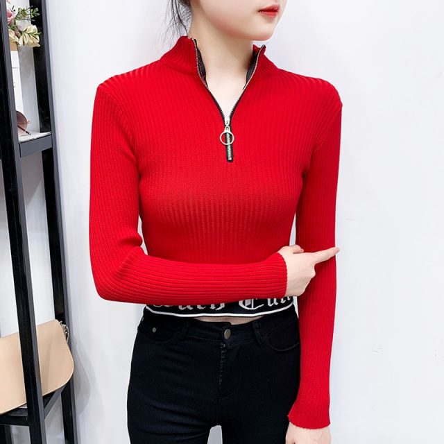 Sexy Turtleneck Zipper Sweaters Women Long Sleeve Girls Tops 2019 New Elegant Knitted Outerwear Short Pullovers Sweater BZY015