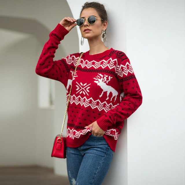 2019 Autumn Winter Christmas Sweater Women Deer Dot Print Knitted Jumper For Gift Casual Long Sleeve Warm Brief Pullovers BMY004