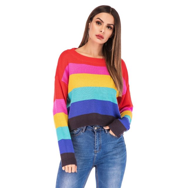 Rainbow Stripe Sweater Women Loose Warm 2019 New Autumn Winter Cashmere Knit Sweaters Female Pullover Tricot Jersey Tops SAY001
