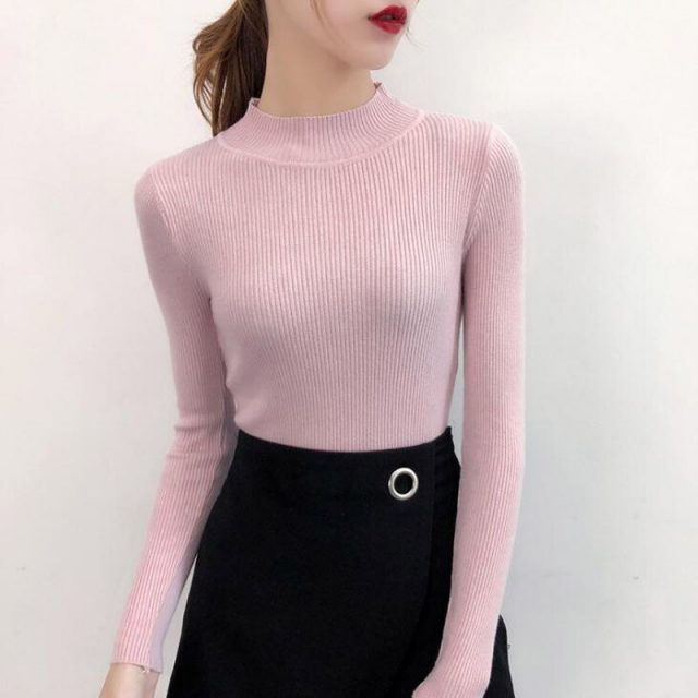 Factory direct sales 2019 Autumn And Winter Long sleeve Half high collar Sweater Solid color Slim fit Female Shirt MKY028