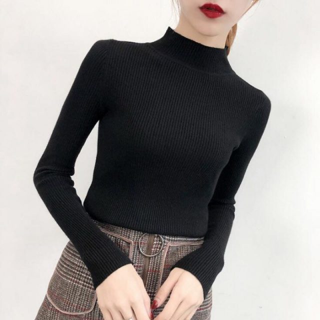 Factory direct sales 2019 Autumn And Winter Long sleeve Half high collar Sweater Solid color Slim fit Female Shirt MKY028
