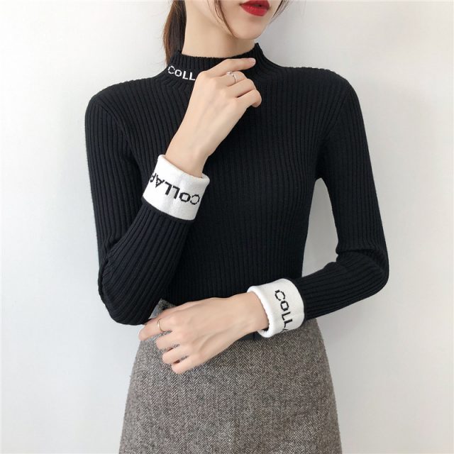 New Autumn Winter Women Ladies Long Sleeve Boat Neck Slim Knitted Sweet Sweater Top Femme Korean Pull Tight Shirts Jumper YB006