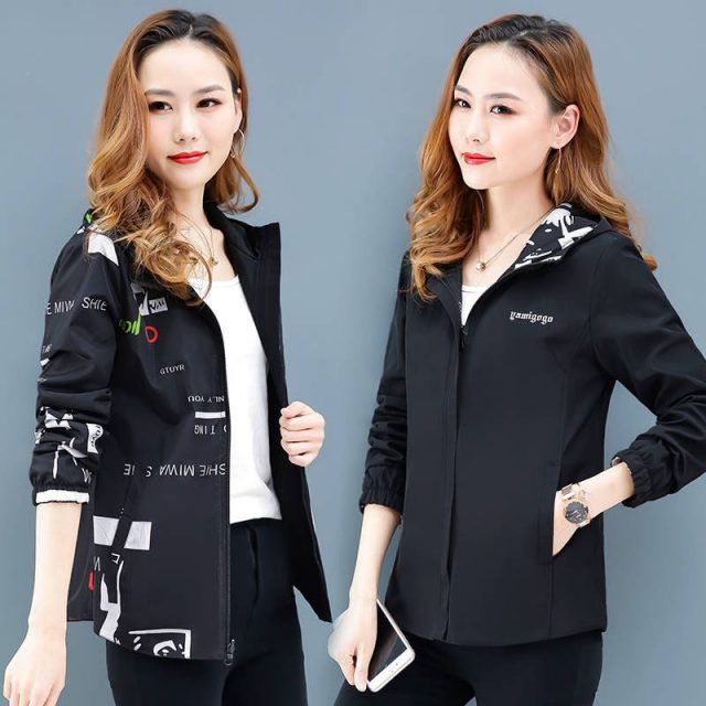Women’s Hooded Printed jacket Summer Causal windbreaker Basic Coats Double sided Sweater Zipper Lightweight Jackets Famale 2XL