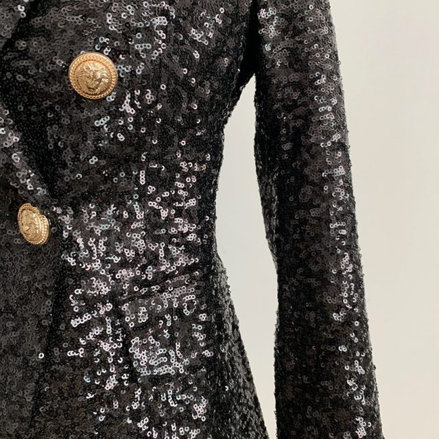 HIGH QUALITY New Fashion 2019 Designer Blazer Jacket Women’s Lion Buttons Double Breasted Shimmer Sequined Blazer