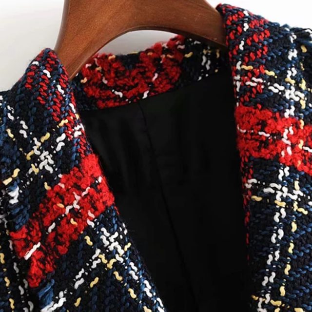 Red Plaid Blazer 2019 Women Spring-Autumn Vintage Tweed Suits Jackets Office Ladies Chic Slim Blazers Girls Tassel Tops Set Coat
