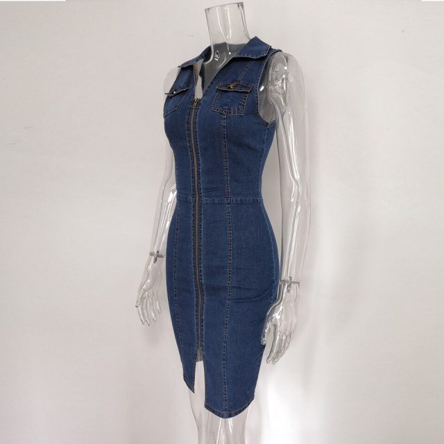 JillPeri Women Sexy Deep V Neck Zipper Sheath Dress Fashion Pockets Tank Nature Daily Dress Summer Solid Blue Mini Denim Dress