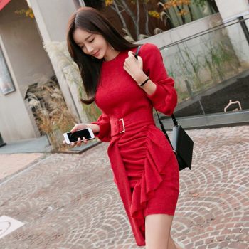 Women autumn new wear temperament with solid o-neck lantern sleeve smoke plait package hip with fashionable knitting  dress
