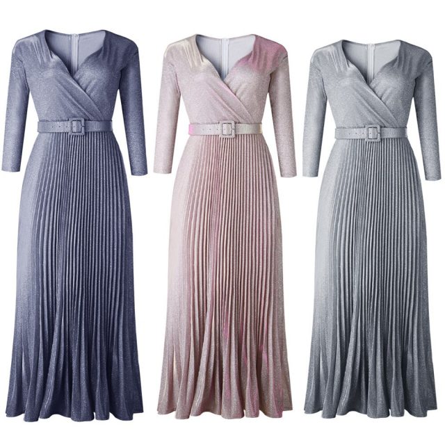 2019 Reflective Long Dress Women Pleated Sexy Deep V Neck Elegant Autumn High Waist Belt Glitter Evening Party Pink Maxi Dresses