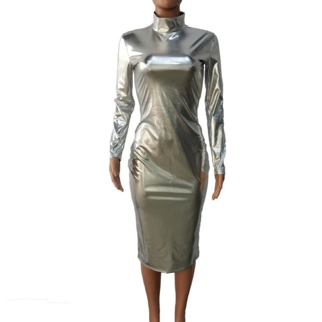 Ladies sexy full sleeve bodycon dress club party new fashion silver / golden color bright pu leather sexy midi dress