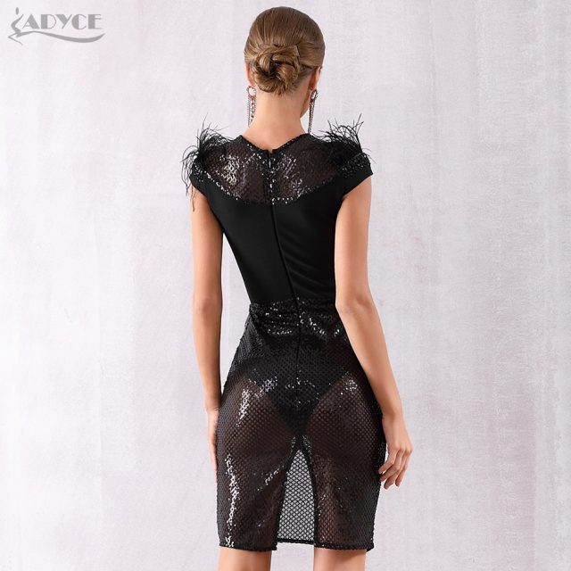 Adyce 2019 New Summer Bandage Dress Women Elegant Black Sequined Lace Sexy Feather Bodycon Club Bead Dress Celebrity Party Dress