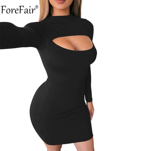 Forefair Turtleneck Women Bodycon Dress Basic Black Sexy Hollow Out Long Sleeve Party White Nightclub Autumn Spring Red Dresses