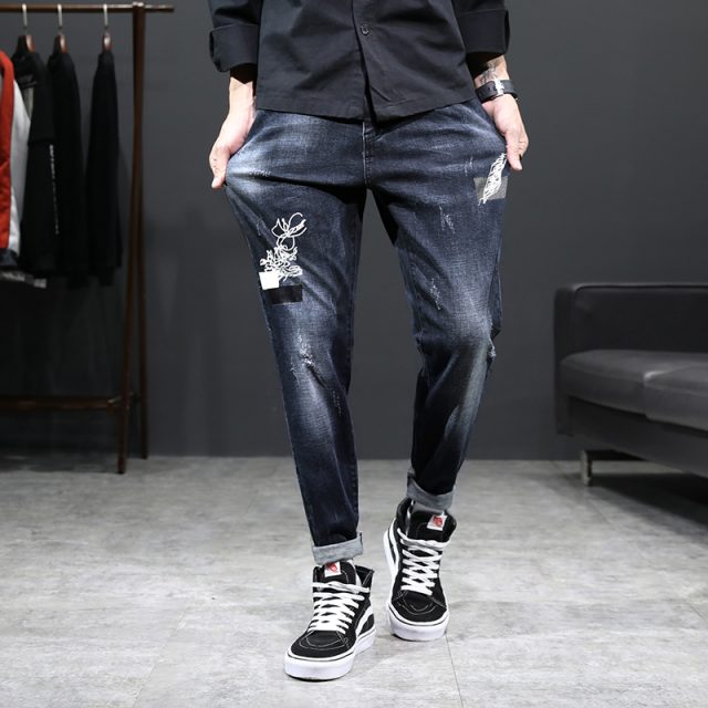 Fashion Skinny jeans men Drawstring Slim Fit Denim Joggers Stretch Male Jean Pencil Pants Blue Men’s jeans fashion Casual Hombre