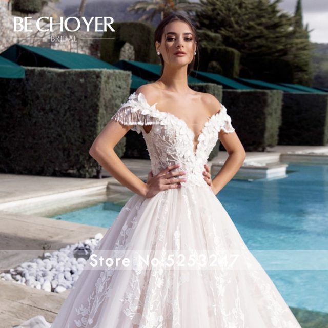 Luxury Beaded 3D Flowers Wedding Dress BECHOYER K175 Sweetheart Off Shoulder Appliques Lace Ball Gown Bride Vestido de Noiva