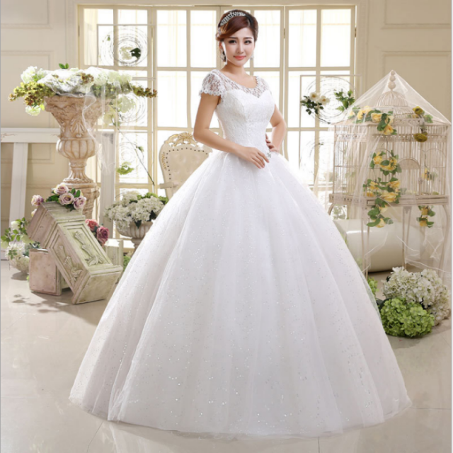 Elegant simple Wedding Dress  O-Neck Short Sleeves Net Rhinestone Backless lace up Bridal Ball Gown
