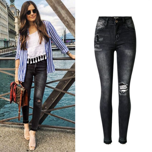 Dark Grey Vintage Pleated Ripped Jeans Women Europe & America Bleached Push Up Skinny Jeans Femme Ankle-length Pantalones Mujer