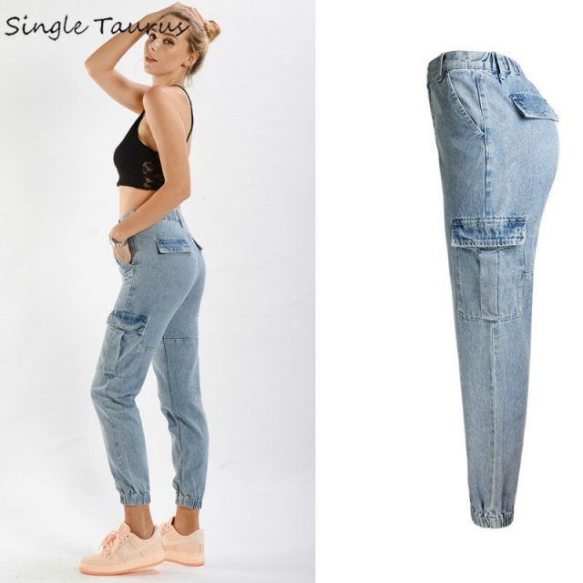 High Waist Cargo Pants for Woman Preppy Style Harem Pants Mujer Little Blue Loost Denim Spodnie Damskie Side Pocket Jeans Mujer
