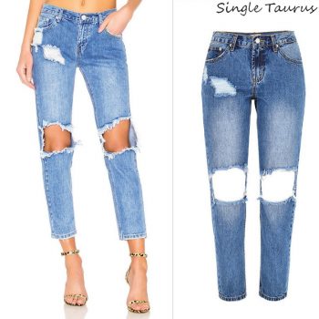Boyfriend Jeans for Women Fashion High Street Hollow Out Knee Hole Ripped Jeans Low Waist Loose Straight Denim Vaqueros Mujer