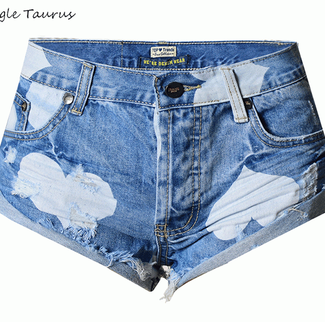 2019 Summer Top Waist Jeans Shorts Women Heart-shaped Printing Blue Cross-jeans Shorts Femme Tassel Vintage Denim Short Feminino