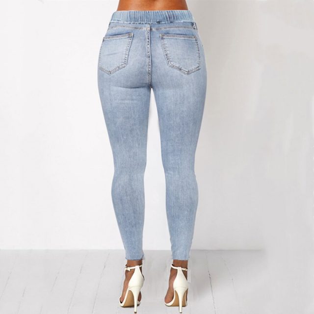 WITHZZ Elastic Waist Hole Denim PantsTrousers Torn Pencil Pants Women’s Ripped Jeans