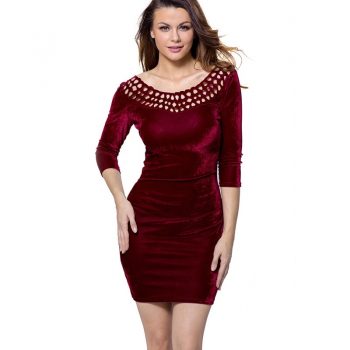 Sexy O Neck Wine Red Sheath Velvet Dress Women  New Spring Party Three Quarter Sleeve Elegant Pencil Bodycon Ladies Dress